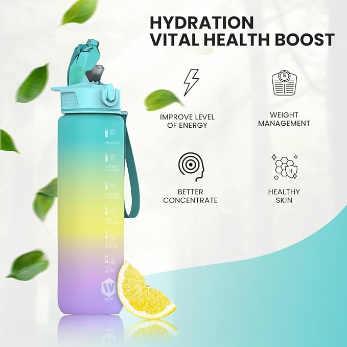 1L Water Bottle with Straw - Leak-Proof & BPA Free Reusable Sports Bottle - Motivational Time Markings for Hydration Durable Drink Bottle for Gym, Sports, Outdoor (Green Yellow and Purple)