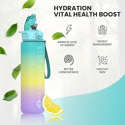 1L Water Bottle with Straw - Leak-Proof & BPA Free Reusable Sports Bottle - Motivational Time Markings for Hydration Durable Drink Bottle for Gym, Sports, Outdoor (Green Yellow and Purple)