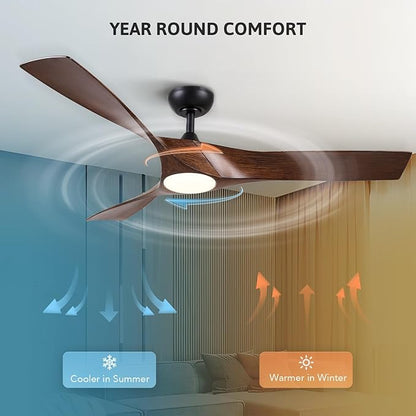 VONLUCE Ceiling Fan with Light and Remote Control, 52 Inch Modern Fan with 3 Blades Noiseless DC Motor for Bedroom, Living Room, Kitchen, Study, Walnut