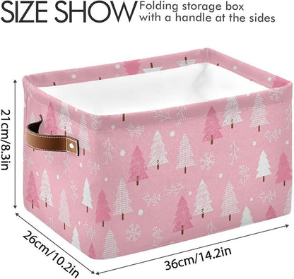 Christmas Tree Pink Storage Basket Fabric Kitchen Baskets Winter Snowflake Xmas Decorations Open Home Storage Bins Boxes Foldable Organizer Bag for Toy Book Shelf Closet Baskets 16×12×8 Inches