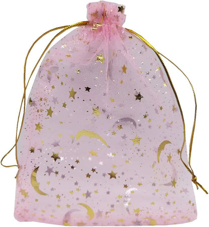 100pcs Organza Bags Moon and Stars Baby Shower Favor Bags Jewelry Candy Gift Card Bags With Gold Line Drawstring Pouches (Pink, 5x7)