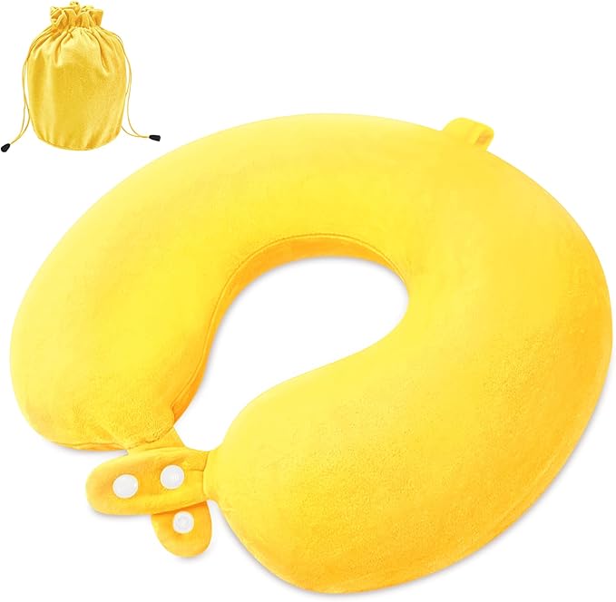 Travel Neck Pillow Airplane, Soft Memory Foam Support Head Neck Chin, with Removale Cover and Adjustable Snap Button, Comfortable Sleeping in Plane Car Train Traveling Office Home, Yellow