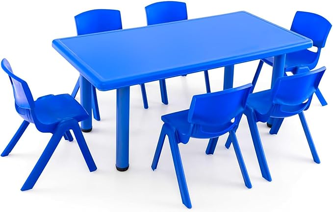 48" L x 24" W Kids Table and 6 Chairs Set, 1-8 Year Old Toddler Activity Craft Table for Toddlers Home, Nursery, Classrooms - Blue