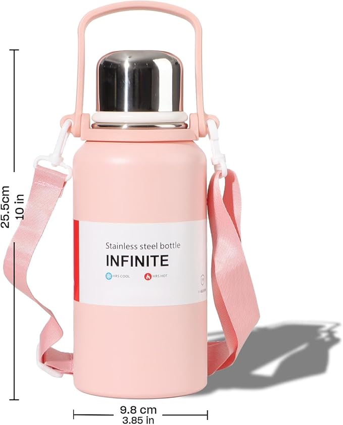 Qair 40 oz Insulated Thermos Stainless Steel Water Bottle with Handle, Strap, Strainer, Sports Travels Coffee Tea Bottle for Home Office Outdoor Pink 1200ml