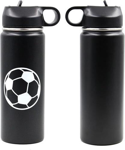 18 oz Soccer Water Bottle, Wide Mouth Travel Sports Flask with 2 Lids（Straw Lid+Flex Cap）BPA Free 18/8 Stainless Steel Double Wall Vacuum Insulated Water Bottles (18oz, Soccer)