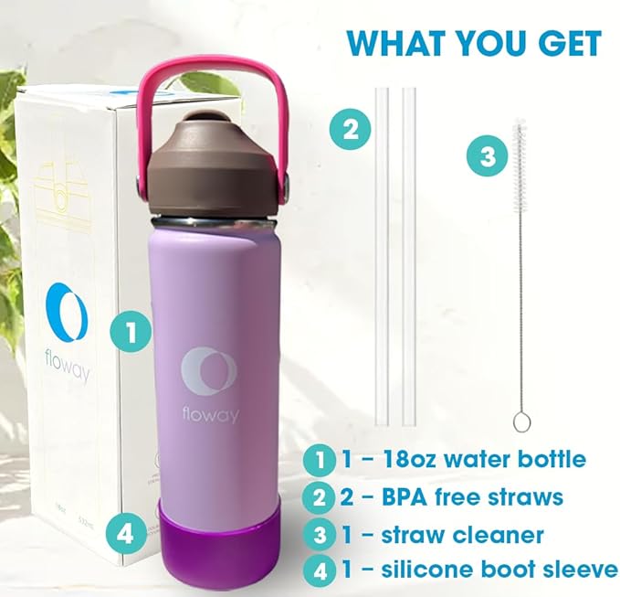 18oz Stainless Steel Vacuum Insulated Water Bottle with Straw Lid and Cleaning Brush, BPA Free, Leakproof, Temp Control, for Hot and Cold Drinks (Electric Lavender, 18oz)