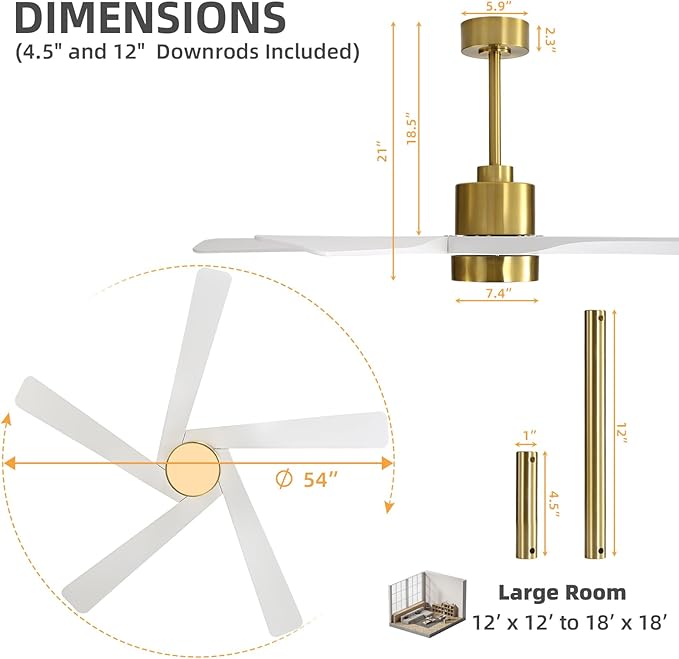 WINGBO 54" ABS DC Ceiling Fan with Lights, 5 Blade ABS Plastic Ceiling Fan with Remote, 6-Speed Reversible DC Motor, LED Ceiling Fan for Kitchen Bedroom Living Room, Brass and White