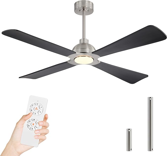 WINGBO 56 Inch DC Ceiling Fan with Lights and Remote, 4 Solid Wood Blades, 3CCT, 6-Speeds Reversible DC Motor, Modern Ceiling Fan for Bedroom Living Room Kitchen, Brushed Nickel and Black