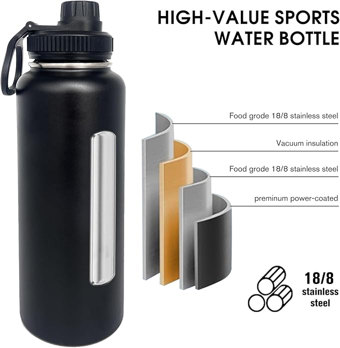 1pack 40 oz Insulated Water Bottle With Straw, Stainless Steel Sports Water Cup Flask with 2 Lids, Wide Mouth Travel Thermal Mug,Black