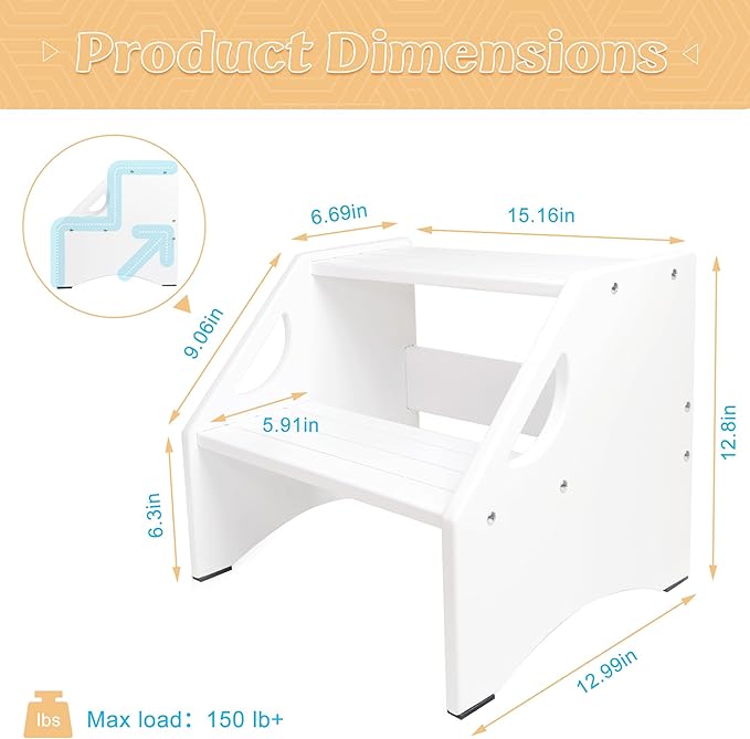 Wooden Step Stool, Two Step Stools Toddler 300 lbs Capacity with Safety Non-Slip Pads and Handles, Wood Step Stool for Bathroom, Kitchen Step Stools Dual Height Step Stools for Kids