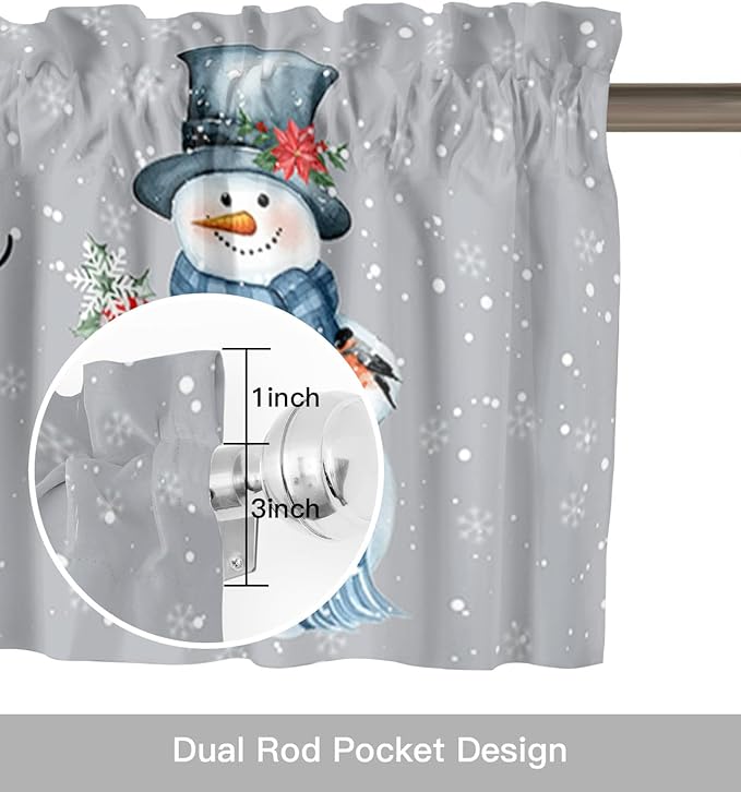 Vandarllin Snowman Christmas Kitchen Curtains and Valances Set, Let It Snow Winter Holiday Windows Treatments Tiers Half/Short Curtains for Small Windows Cafe/Living Room/Bedroom 54x24 in Grey White