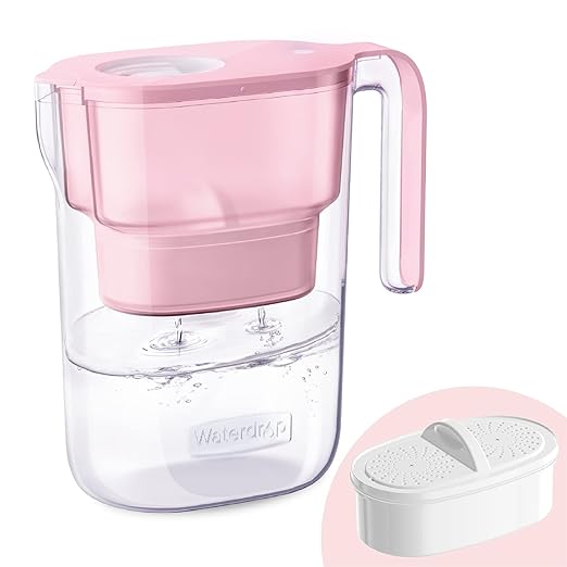 Waterdrop Water Filter Pitcher with 1 Filter, 5X Times Lifetime, Lasts 200 Gallons, for Fridge and Kitchen, Reduces PFOA/PFOS, Chlorine, 7-Cup Capacity, Elfin, Pink