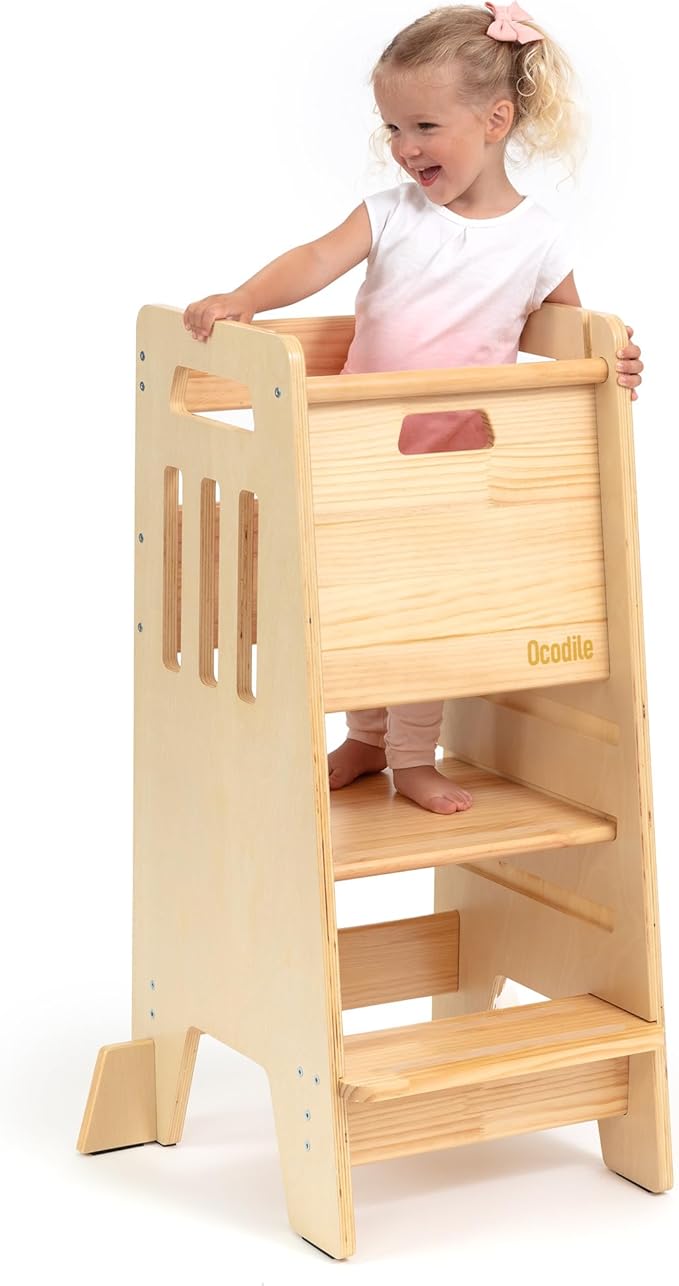 Toddler Tower with a Sliding Door and 3 Adjustable Heights - Complete Toddler Kitchen Stool Helper with Support Feet - Safe Design for 18+ Months to 6-Year-Old Kids - Varnished