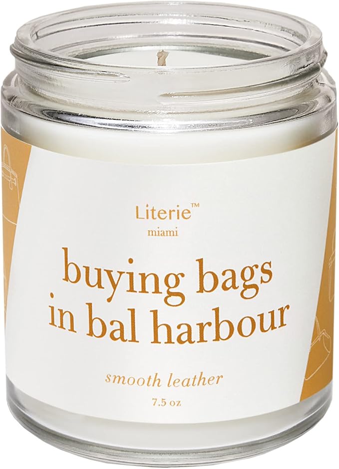 Miami Inspired Scented Candle: Buying Bags in Bal Harbor - Smooth Leather Scent, 7.5oz, 40 Hour Burn, Vegan Soy & Coconut Blend Candle for Home Decor, Gift for Women & Men