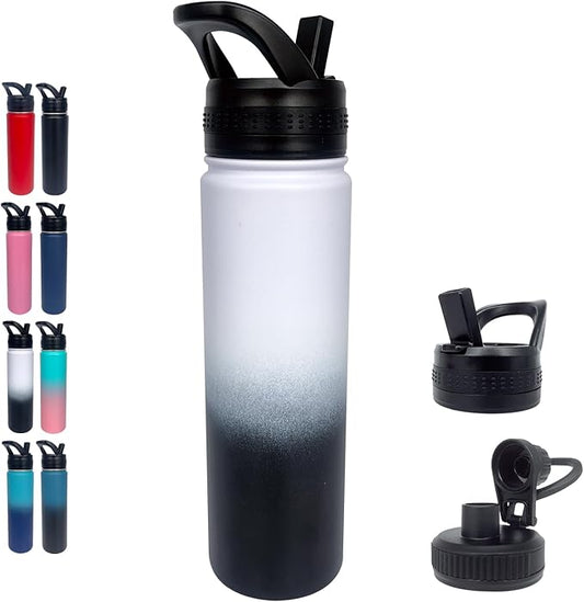 1pack 22 oz Insulated Water Bottle With Straw, Stainless Steel Sports Water Cup Flask with 2 Lids, Wide Mouth Travel Thermal Mug,Black white