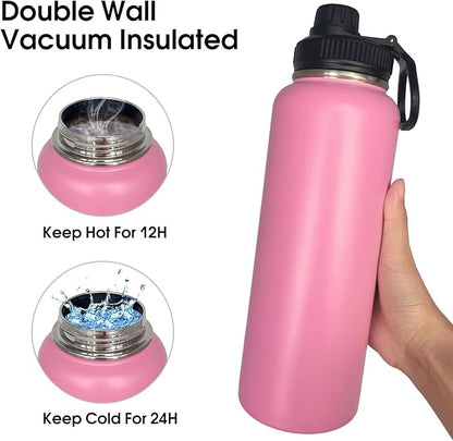 1pack 40 oz Insulated Water Bottle With Straw, Stainless Steel Sports Water Cup Flask with 2 Lids, Wide Mouth Travel Thermal Mug,Pink