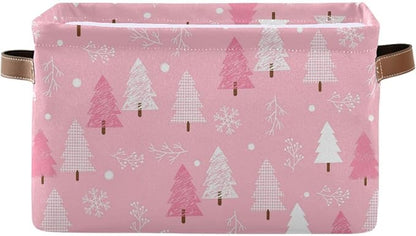 Christmas Tree Pink Storage Basket Fabric Kitchen Baskets Winter Snowflake Xmas Decorations Open Home Storage Bins Boxes Foldable Organizer Bag for Toy Book Shelf Closet Baskets 16×12×8 Inches