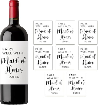 (8 Pcs) Maid of Honor Wine Labels, Bridesmaid Wedding Engagement Party Decorations Proposal Gift for Maid of Honor Bridesmaid, Pairs Well with Maid of Honor Duties Wine Bottle Stickers Labels