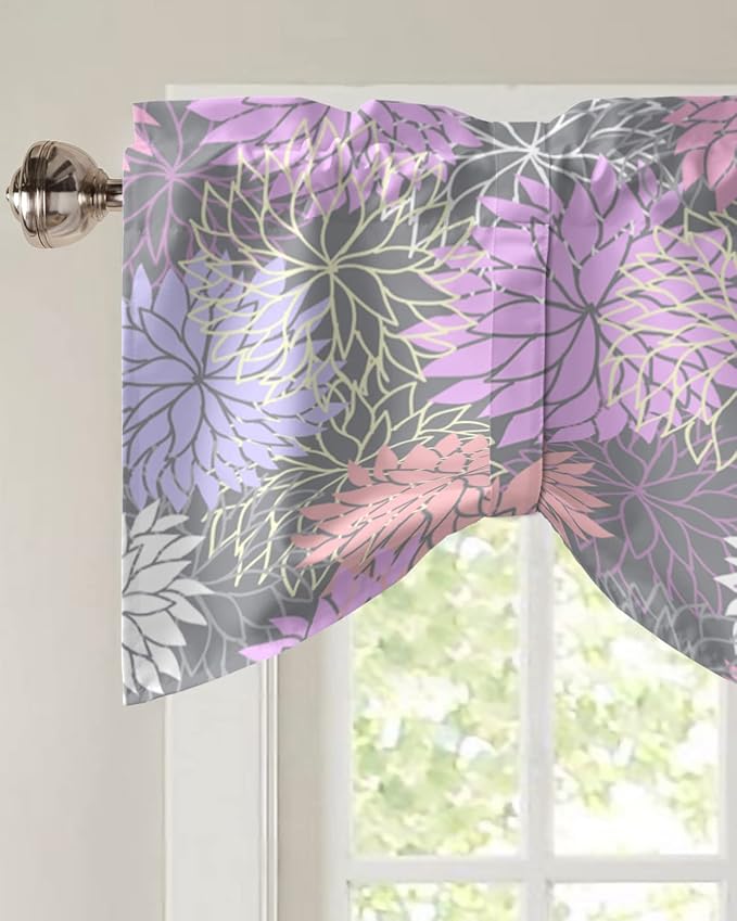 Tie Up Valance for Kitchen Living Room Farmhouse - Chrysanthemum Pink Purple Flower Rod Pocket Adjustable Tie-up Shade Valance for Small Window, Window Valance Balloon Drape for Bathroom 42x12 inches