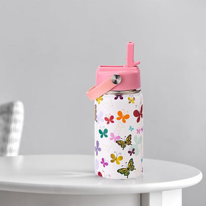 12oz Kids Insulated Water Bottle with Flip Straw & Big Handle, Butterflies, Double Wall 18/8 Stainless Steel, Leakproof Gift for Kids Girls to School Travel Sports, Hands Wash Only, Pink