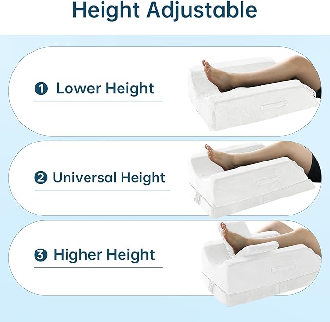 YUGYVOB 3-Height Adjustable Leg Elevation Pillow, Memory Foam Leg Pillow Support for Post-Surgery, Knee, and Ankle Pain Relief, Wedge Pillow Improves Circulation, Removable/Washable Cover