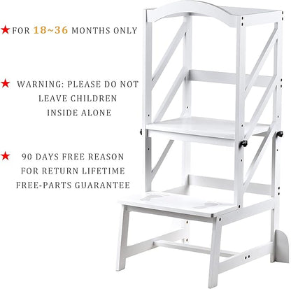 Adjustable Height Kitchen Step Stool,Kids Learning Stool,Mothers' Helper, OUZIO Kitchen Toddler Standing Tower Stool Helper for Kids with Safety Rail White Color