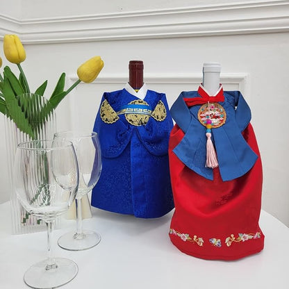 [JYHOME] Korean Traditional Clothes HANBOK Wine Bottle Cover Housewarming Gifts,First New Home House Homeowner Gifts (Silk-Red)