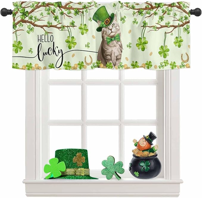 Vandarllin Lucky Cat St. Patrick's Day Kitchen Curtains Valances for Windows Green Spring Shamrocks Tree Rod Pocket Window Treatment for Kitchen/Living Room/Bedroom/Bathroom, 42" X 18",