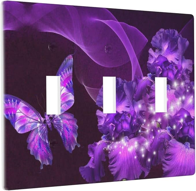 Purple Butterfly Flower Triple Toggle Light Switch Wall Plate Cover Decorative 3-Gang for Girls Room Bathroom Bedroom Home Kitchen Three Lightswitch Polycarbonate 4.5" x 6.38"