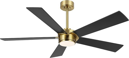 54" Ceiling Fan with Light and Remote Control, Modern Dimmable LED Light, 6-Speed Noiseless Reversible DC Motor, 5 Plywood Ceiling Fan for Kitchen Bedroom Living Room Black/Gold