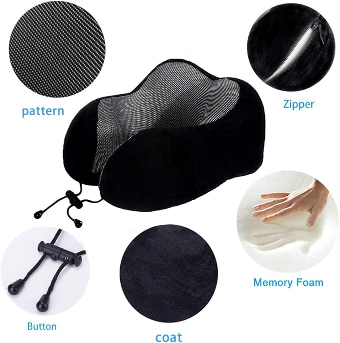 Travel Pillow, Best Memory Foam Neck Pillow Head Support Soft Pillow for Sleeping Rest, Airplane Car & Home Use (Black)