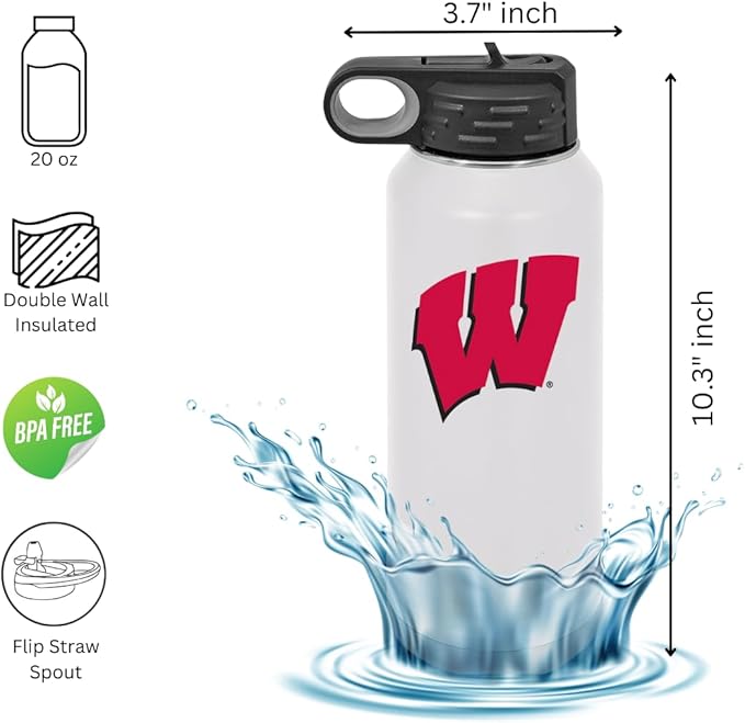 University of Wisconsin 32oz Stainless Steel Double Walled White Beverage Bottle with Flip Straw Spout - College Gear for Playoff Season – For Office, Home or Auto – Show your Badgers Pride