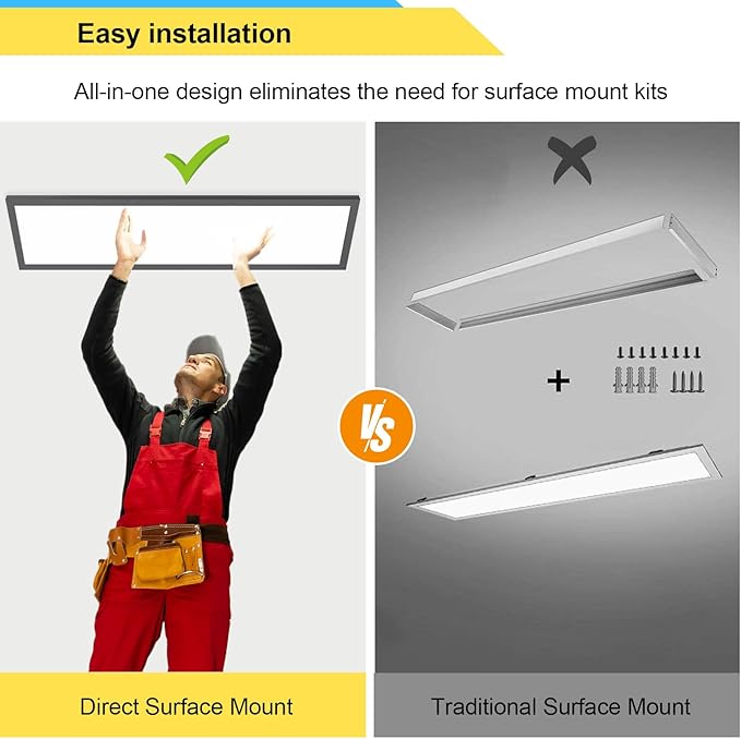 AIKVSXER 1x4 LED Flat Panel Light CPANL Surface Mount LED Ceiling Light Black, 5500LM 50W TRIAC 10-100% Dimmable, 3000/4000/5000k Selectable 120V LED Light Fixture for Kitchen/Laundry/Garage 2PACK