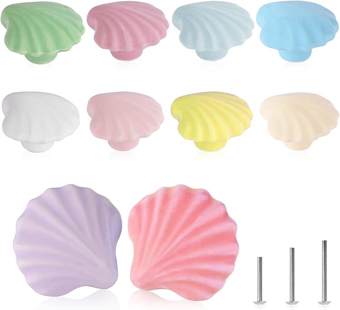 10x Colorful Cute Glossy Ceramic Knobs Seashell Shape Lovely Door Pull Knob Cabinet Closet Ceramic Drawer Cupboard Kitchen Dresser Kids Child Bedroom Pulls Wardrobe Handles