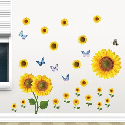 Sunflower Wall Stickers with 3D Butterfly Removable Yellow Flower Wall Decals Waterproof Sunflower Decor Mural for Nursery Baby Kids Bedroom Living Room Bathroom Kitchen Decoration (73 Pcs Yellow)