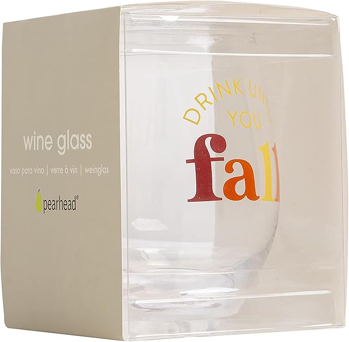 Pearhead Drink Until You Fall Stemless Wine Glass, Funny Themed Wine Glass, Seasonal Home Decor Accessory, Whimsical Wine Glass, 15oz