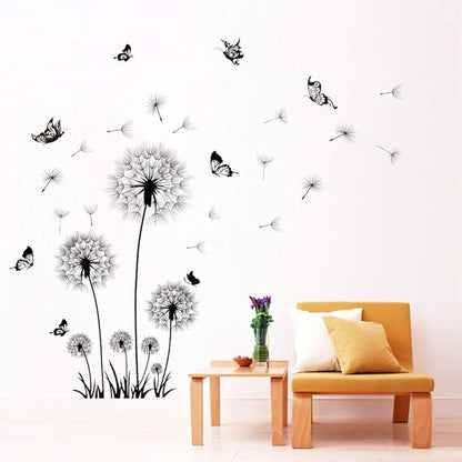 Runtoo Black Dandelion Wall Decals Flower Butterfly Wall Stickers for Living Room Bedroom Home Decoration Wall Décor