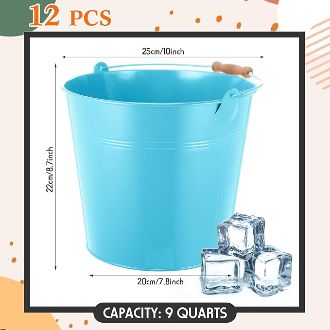 12 Pcs Large Galvanized Metal Buckets with Handle 10 Inch Heavy Duty Stainless Steel Pails Round Pail for Party Wedding, Crafts, Utensils, Table Centerpieces (Multicolor)