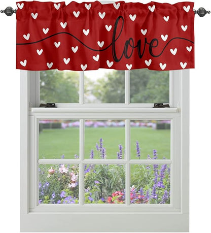 Vandarllin Valentines Day Hearts Valances Kitchen Curtains for Windows, Valentines Decor LOVE Rod Pocket Valances Red White Short Curtains for Bedroom/Living Room,54" X 18" -1 Panel