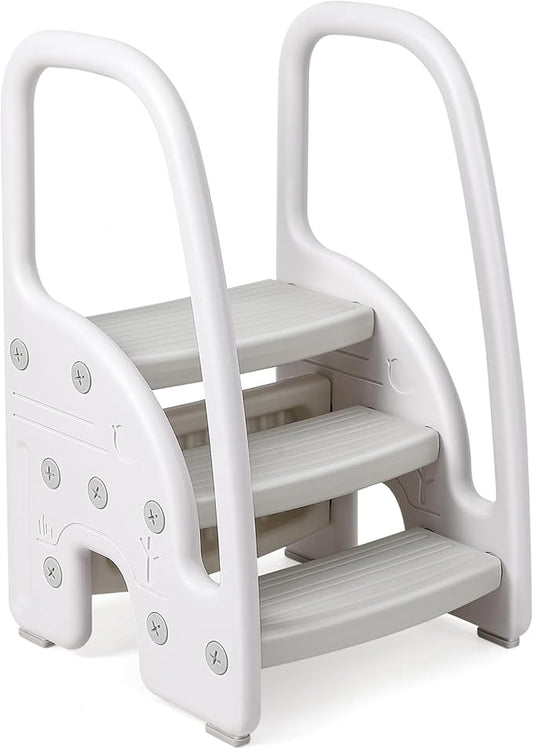 Toddler Step Stool for Bathroom Sink Kitchen Counter, Plastic Kids 3 Step Stool with Handles Sides for Toilet Potty Training, Lightweight Non-Slip, Stepping Standing Stool Helper