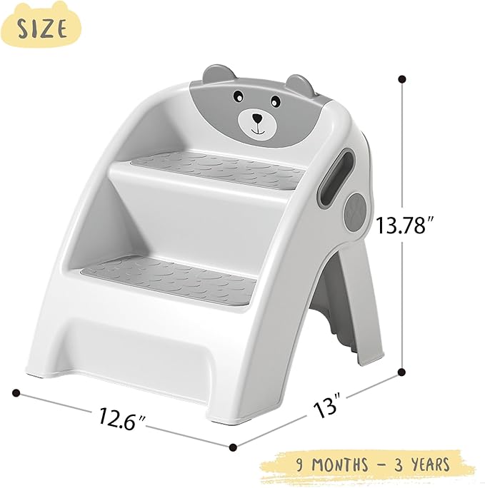 UNCLE WU Step Stool for Kids, Foldable Anti-Slip 2-Step, Lightweight, Safety Handles - Toilet Potty Training, Toddler Ladder Bathroom Sink,Kitchen Counter Stool Helper (Gray White) Small