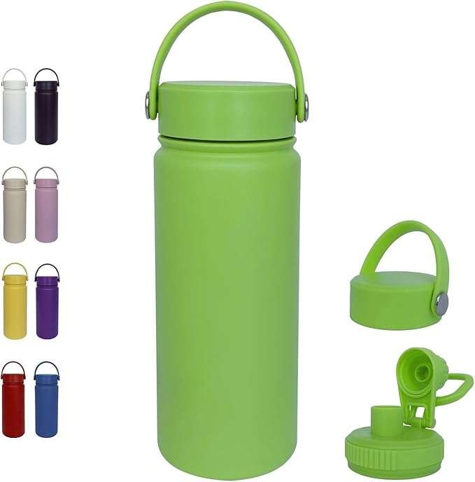 18oz Insulated Water Bottle ，Stainless Steel Sports Water Cup Flask with 2 Lids, Wide Mouth Travel Thermal Mug,Outdoor Sports Bottle（Lemon Green）