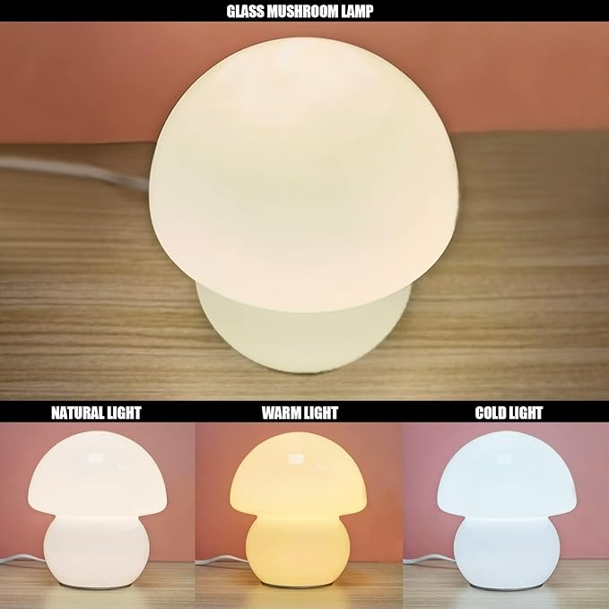 Mushroom Lamp, Small Clear Glass Table Lamp, Cute Little Milk White Translucent Nightstand Lamp for Bedroom, Bedside, Living Room, Murano Style Aesthetic Dome Lamp for Home Decor Gift