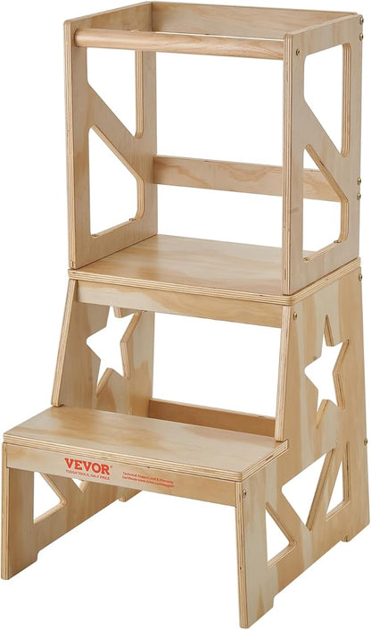 VEVOR Toddler Step Stool for Kids, Natural Pine Wood Toddler Kitchen Stool Helper with Safety Rail, 150LBS Loading Capacity Standing Tower Learning Stool for Bedroom Bathroom Kitchen Counter