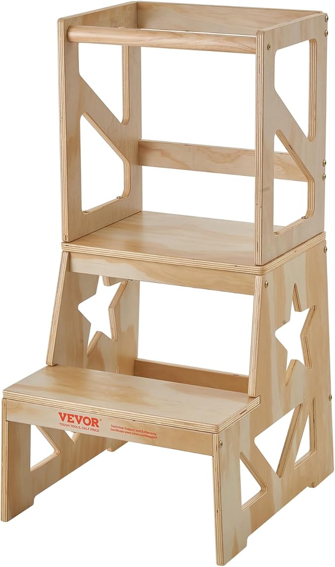 VEVOR Toddler Step Stool for Kids, Natural Pine Wood Toddler Kitchen Stool Helper with Safety Rail, 150LBS Loading Capacity Standing Tower Learning Stool for Bedroom Bathroom Kitchen Counter