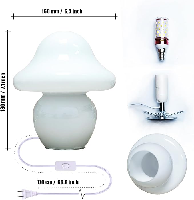 Mushroom Lamp, Small Translucent Glass Table Lamp, Cute Little Milk White Clear Nightstand Lamp for Bedroom, Bedside, Living Room, Murano Style Aesthetic Kawaii Lamp for Home Decor Gift