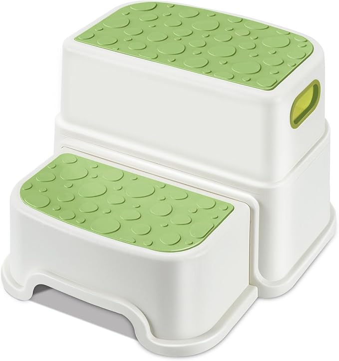 2 Step Stool for Kids, Anti-Slip Toddler Toilet Potty Training Stool with Handles, Two Step Stool for Bathroom, Kitchen, Bedroom, Living Room (Green)