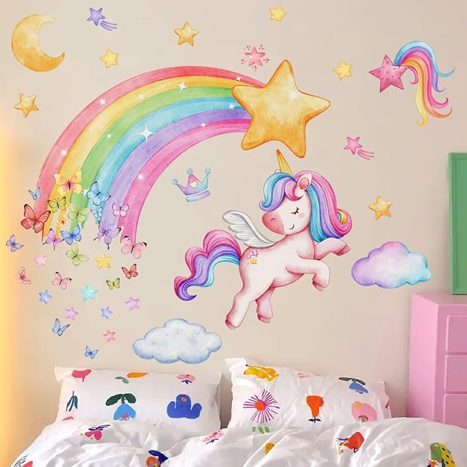 Colorful Wall Decals Set - Rainbow, Moon & Stars, Unicorn Designs - 30x60cm Sheets - Easy Peel & Stick for Home Decor