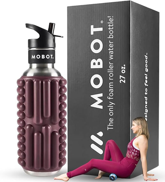 MOBOT Portable Travel Foam Roller Water Bottle with Sip Straw, Stainless Steel Screw Lid | Insulated Sports Water Bottle and Foam Rollers for Yoga, Workout, Home Gym, & Exercise 27oz. (Beet)