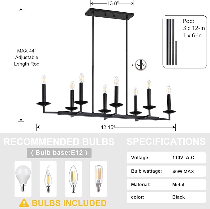 8 Light Linear Kitchen Island Lighting,Modern Industrial Chandelier Pendant Light Fixture,Black Finish Rectangular for Farmhouse Kitchen Dining Room Bar Foyer